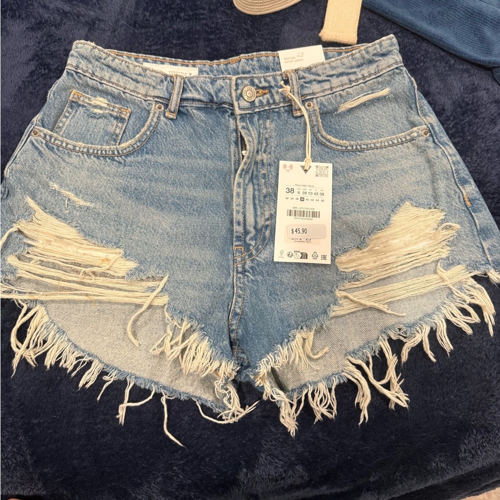 Zara Blue Distressed Jean Shorts